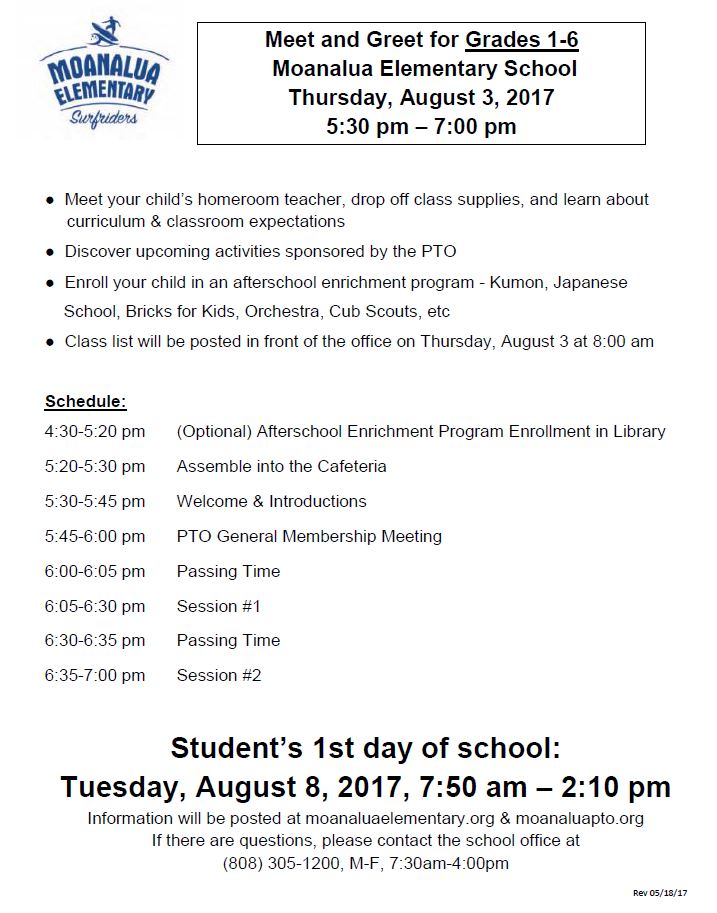 Open House August 3rd Moanalua Elementary School PTO