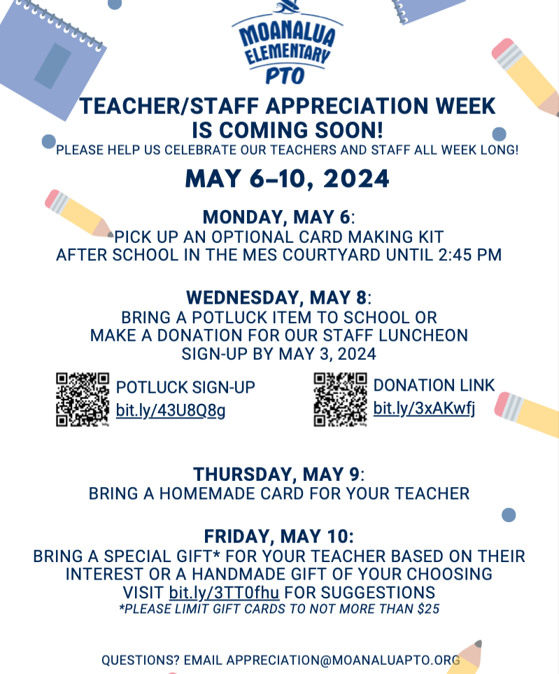 TEACHER/STAFF APPRECIATION WEEK IS COMING SOON! Moanalua Elementary