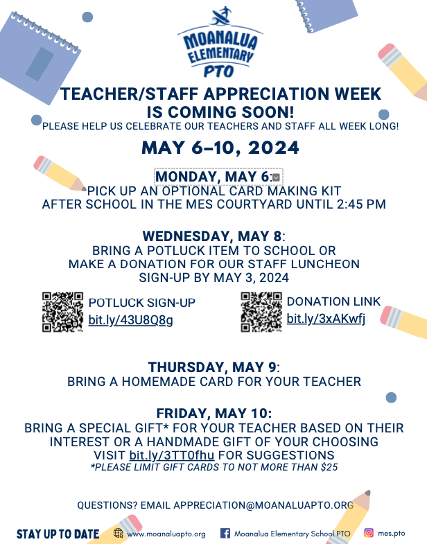 TEACHER/STAFF APPRECIATION WEEK AT MOANALUA ELEMENTARY SCHOOL